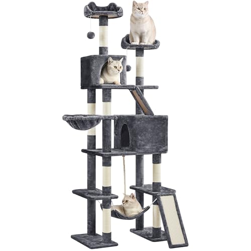 Yaheetech Cat Tree, 82.5in Large Tower w/Hammock, 2 Kitty-Ear Perches, 2 Cozy Condos, Scratching Posts, Basket, Furniture for Large Cats, Kittens, Dark Gray