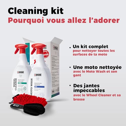 IPONE - Pack Entretien Nettoyage Complet Moto - Cleaning kit - Nettoyant Multi Surfaces Moto Wash 1L + Dégraissant Surpuissant Jantes Wheel Cleaner 1L + Gant Lavage Microfibre + Brosse Jante – Image 3