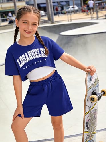 Image of Girl's Summer 3 Piece Outfits Graphic Short Sleeve Crop Top Cami and Shorts Clothes Set