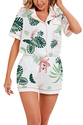 Image of LUBOT 100% Cotton Pajamas for Women 2 Piece PJ Set Button-Down Soft Knit Short Sleeve Summer Sleepwear Loungewear XS-XXL