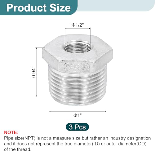Image of uxcell 3Pcs 3 /4 inch Male to 1 /4 inch Female NPT 304 Stainless Steel Reducer Hex Bushing, Reducing Cast Pipe Adapter Fitting for industrial, oil /gas, water, HVAC, and plumbing systems