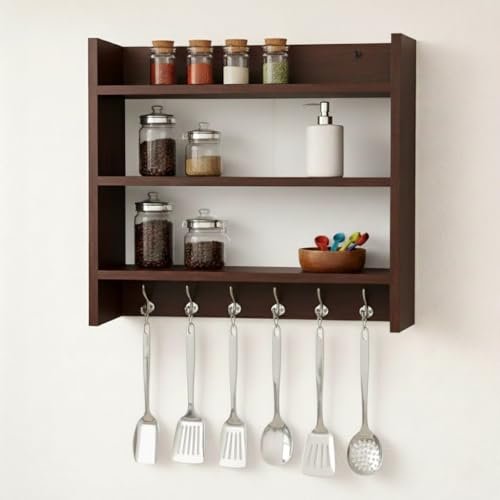 Image of FireBees Wall Mounted Kitchen Organizer Rack Wooden with Hooks | Kitchen Shelf Storage Rack for Spices, Containers & Utensils | Wooden Kitchen Rack Wall Mounted | Kitchen Wall Storage Shelf