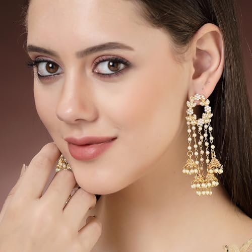 Image of Zeneme Earring Gold Plated Beaded Handcrafted Bahubali Inspired Devsena Jhumka Fringed Dangle Jewellery For Girl And Women