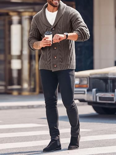 Image of Karlywindow Mens Cable Knit Cardigan Sweater Shawl Collar Loose Fit Long Sleeve Casual Cardigans
