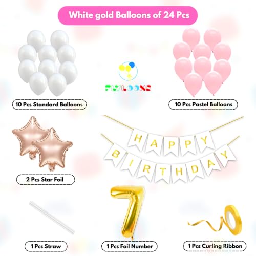 Image of Flyloons 7th Happy Birthday Decoration Kit Pink White for Boys Girls Kids Twins Men Women With 20 Pcs Pastel Balloons Birthday Banner 2 Pcs Star Items Set