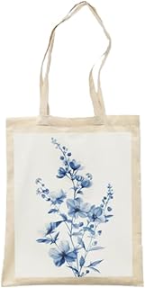 شنطة يد كبيرة توت قماشية بطباعة زهور زرقاء، مصنوعة من القطن الطبيعي، شنطة كتف للتسوق