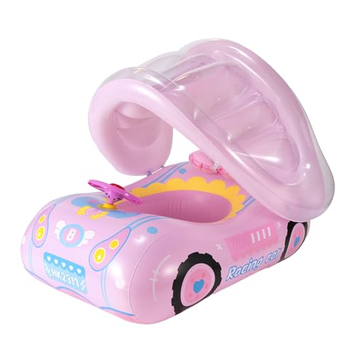 XQMMGO Flotador de natación para bebé, flotador inflable para piscina con toldo SPF 50+ y soporte inferior de seguridad, esencial para las vacaciones del bebé para niños de 1 a 6 años (rosa)