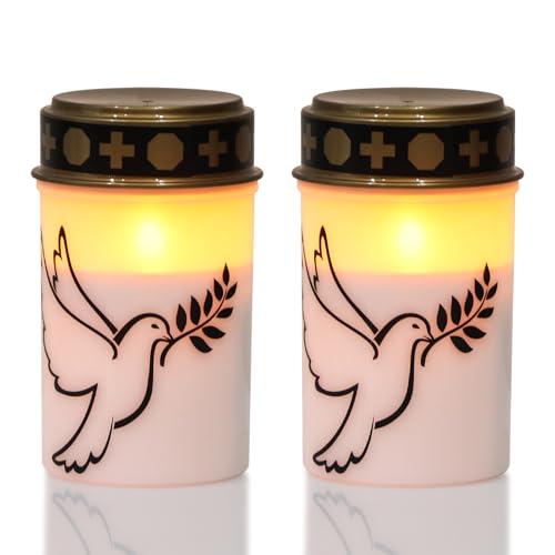 Eldnacele Bougies LED blanches vacillantes avec minuteur de 6 heures, alimentées par piles, bougies funéraires imperméables sans flamme - Mémoire éternelle (Pack de 2, colombe de la paix blanche)