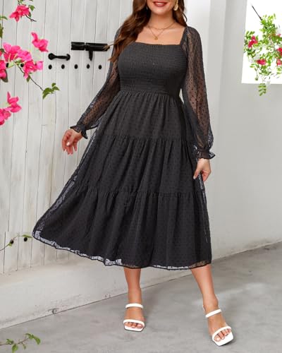 Women's Plus Size Long Sleeve Dress Wedding Guest Square Neck Summer Midi Swiss Dot Flowy Smocked Dress4
