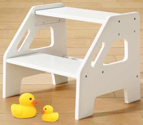Harwaya White Wood Toddler Step Stool for Bathroom Sink, 2 Step Kids Stool for Toilet Potty Training, Baby Child Stepping Stool with Handles for Toddlers Nursery Kitchen Counter (White)