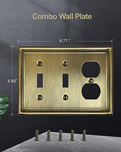 Zillsea Combination 2 Toggle And 1 Duplex Metal Wall Plate, 3-Gang Switch Plates And Outlet Covers, Decorative Antique Brass Finish, Corrosion Resistant, 2-Pack, Midsize #TOP1