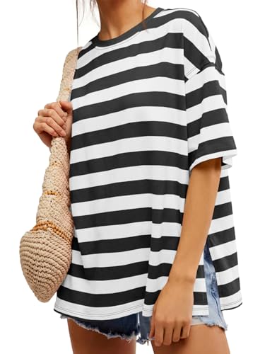 Image of Tankaneo Womens Oversized Tshirts Summer Casual Short Sleeve Crew Neck T Shirt Loose Fit Side Slit Tee Tops