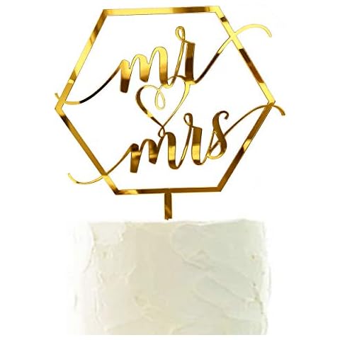 Larger Size Acrylic Mirror Gold Hexagon Elegant Handwriting Mr and Mrs Cake Toppers, Wedding, Bridal Shower, Engagement, Anniversary Monogram Cake Decorations Cover