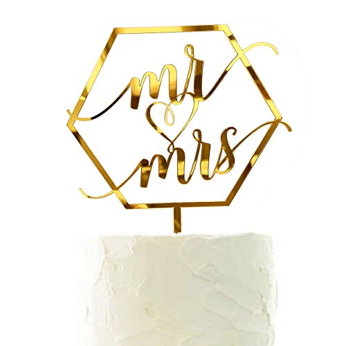 Larger Size Acrylic Mirror Gold Hexagon Elegant Handwriting Mr and Mrs Cake Toppers, Wedding, Bridal Shower, Engagement, Anniversary Monogram Cake Decorations