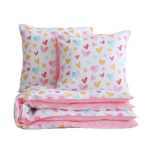 FEKOHIPY Housse de Couette Enfant Coeurs 140x200cm 3 Pièces Parure de Lit Microfibre Cadeau Anniversaire Fête Noël Fille Coeurs en Couleurs 3D Motif Douce...