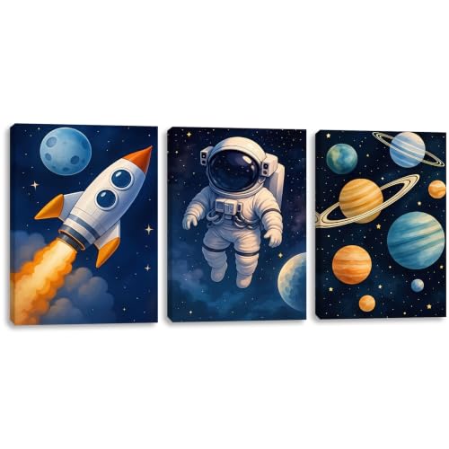 Pormipone Space Wall Art 3 Panel Canvas 16x24 inch Rocket Astronaut Planet | Framed Wood Canvas Prints, HD Outer Space Painting, Rocket Astronaut Planet Art for Kids Boys Bedroom Nursery Playroom Decor