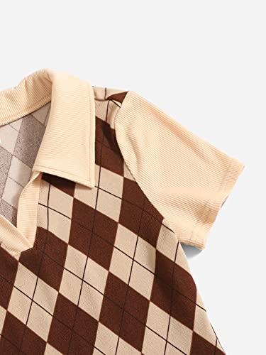 Soly Hux Girl's Argyle Plaid Short Sleeve Bodycon Pencil Mini Dress V Neck Summer Polo T Shirt Dresses With Arm Sleeve Beige And Brown 12-13Y #TOP2
