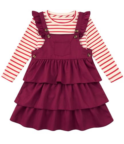 Toddler Girl Fall Outfit Baby Girls Overall Dress and Long Sleeve Stripes T-Shirt Set for 18M-5Y