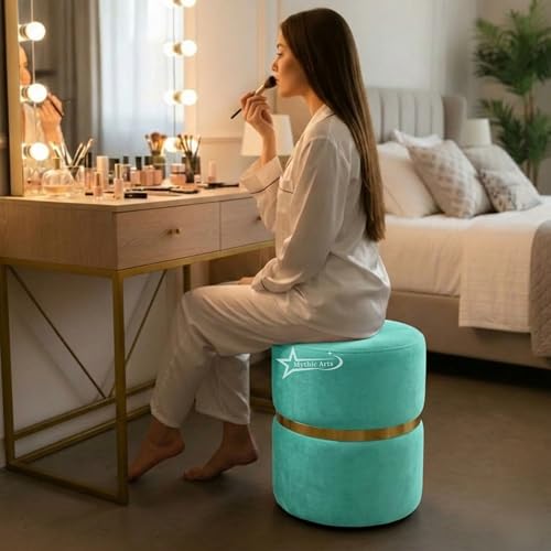Image of Round Single Strip Upholstered Stool Living Room Foot Rest Linen Fabric Padded Seat Pouf Ottoman Office Stool Aqua