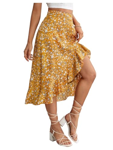 SweatyRocks Women's Ditsy Floral Print Midi Skirt 2025 Summer Boho Ruffle Hem Skirt4
