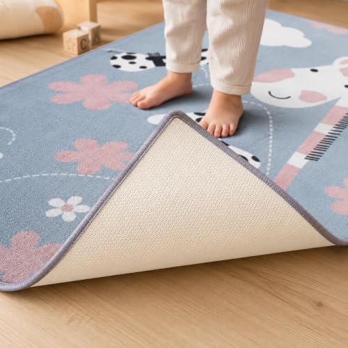 Image of Matz&More Kids Play Area Rug | 100x150 cm | Blue Pink Cute Giraffe Garden Design| Soft Nylon Loop Pile Carpet with Anti-Slip Backing | Children's Play, Bed & Classroom Floorings