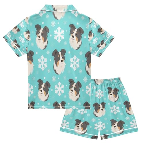 Satin Pajama Sets Short Sleeve Dog Faces Snowflakes Pattern Button Down Silky Nightwear 2 Piece PJS 5-14Y2