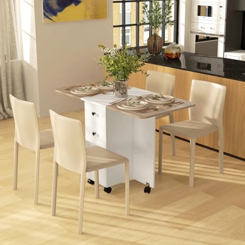 Image of TEKAVO Sora Foldable Dining Table with Storage Drawer Cabinet | Folding Space Saving Dining Table 4 Seater I Movable Table with 6 Wheels I White & Mile Oak I DIY.