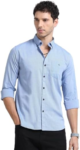 Fashiondistrict Steel Sky Blue Formal Shirt Solid Color Single Pocket Cotton Blend Classic Style for Men