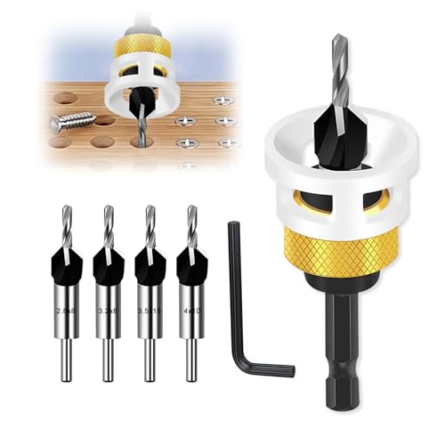 LUMOOM Juego de 6 brocas avellanadoras cónicas con tope de profundidad ajustable, avellanador para madera, avellanador HSS y vástago hexagonal de 1/4 para taladrar con precisión en madera