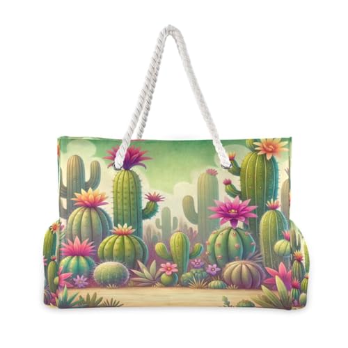Cacti Flowers Green Beach Tote Bag for Women Extra Large Travel Tote Bags Waterproof Carry On Swim Pool Bag Beach Bags with Zipper for Yoga Gym Women Vacation Essentials Nurse2
