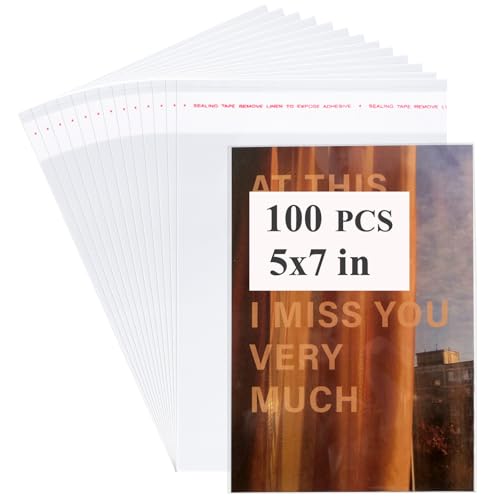 Miraclekoo 100Pcs 5-1/4 x 7-1/5 Inch Self Sealing Cello Cellophane Bags Clear Plastic Sleeves - Fit 5x7 Inch Photo A6 Cards Cookie
