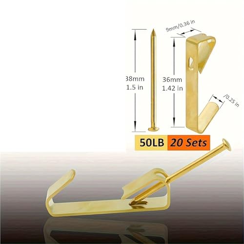 Image of Picture Hangers 20 Pcs Picture Hanging HooksHeavy Duty Picture Hangers Hardware kit with Nails for Picture Frame, Canvas, Mirror(Golden)