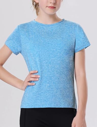 EXARUS 4 Pack Girls Athletic Shirts Quick Dry Short Sleeve Tshirts Crewneck Tee Workout Activewear Tops for Kids 8-16Y Set 5 10Y