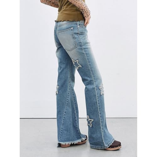 Women's Low Rise Baggy Jeans Y2K Embroidered Star Denim Pants Stretchy Loose Bootcut Flared Jean Trousers2