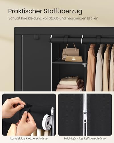 SONGMICS Kleiderschrank, Garderobe, Kleiderständer mit Vliesstoffbezug, Hängestangen, Ablagen, 45 x 130 x 168 cm, große Kapazität, für Schlafzimmer, Wohnzimmer, tintenschwarz RYG096B01