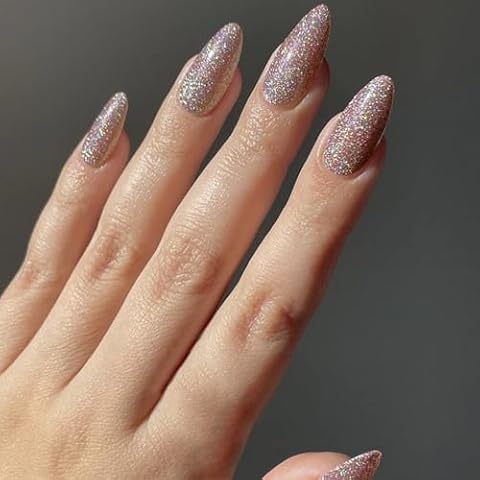 MISUD Press on Nails Medium Almond Fake Nails Glossy Glue on Nails Bling Glitter Acrylic Nails Nude Purple Stiletto Artificial Nails Sparkly Sequins Stick on False Nails with Design 24 pcs Cover