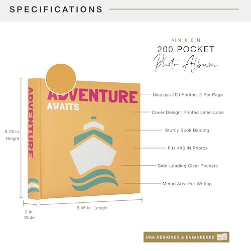 Image of MCS Adventure Awaits Orange Photo Album, 200-Pocket, 4x6, 12x12 Pages | Scrapbook-Style Keepsake Photo Album With Memo Space, Clear Side-Loading Pockets, Thoughtful Gift