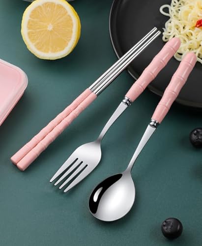 Image of INOVERA (LABEL) 3 Pieces Cutlery Set of Spoon, Fork, Chopsticks - Reusable Tableware Cutleries with Case - Dining Accessories Sets for Travel, Office, Home (Pink)