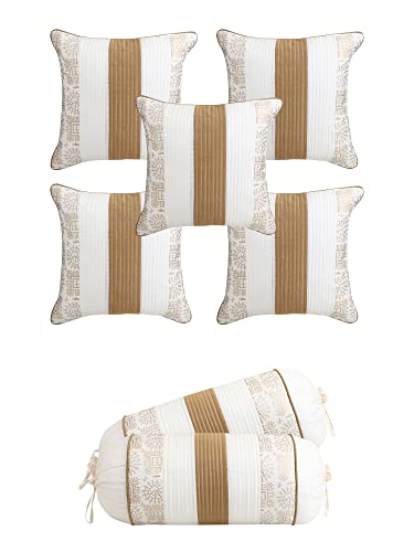 Image of Gifts Island Combo Silk Traditional Striped & Rajasthani Warli Golden Hand Printed Pillow Cushion Covers 16x16 inches Set of 5 & Round Pillow Bolster Covers Set of 2 16x32 inches (White)