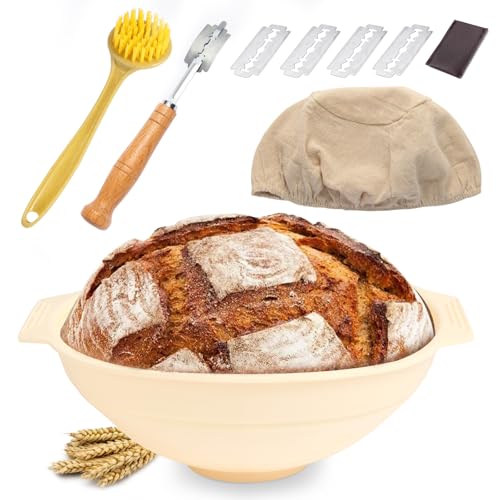 Silicone Banneton Bread Proofing Baskets, 9 Inch Round Bread Proofing Basket Starter Kit, Foldable Baking Basket, Sourdough Starter Jar Set, Baking Bowl for Rising Dough, Bread Mould