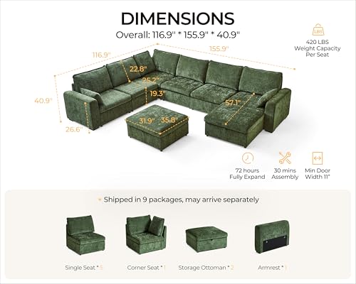 Image of 155.9'' Oversized Modular Sectional Sofa Plush Cloud Couch with Storage, Convertible Deep U-Shaped Couch with Chaises for Living Room, 6-Seater with Corner and 2 Ottomans, Chenille, Green