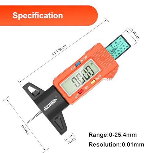 Image of Godeson Digital Tread Gauge with 3 Modes - Fractional Inch, Color-Coded Bar - Suitable for All Vehicle Tires - Orange