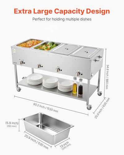 Image of VEVOR 4-Pan Commercial Propane Steam Table, LP Gas Outdoor Soup Warmer with Drain Valve and 3 inch Wheels, Stainless Steel Propane Food Warmer with Independent Temp Control, for Restaurant Outdoor Camping
