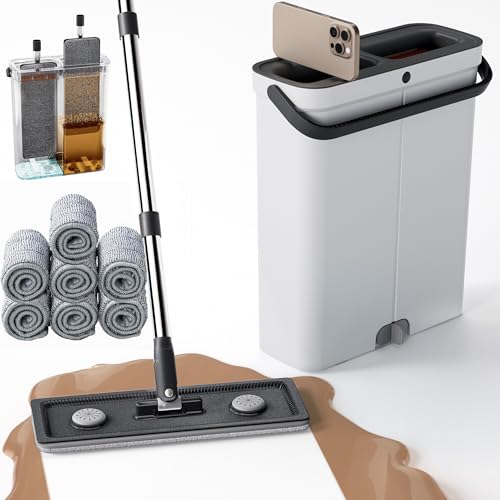 Kompakter Wischmopp Set mit Eimer – Freihändiger Flachwischer für Nass- und Trockenreinigung | Ideal für Wohnung, Haus, Wohnmobil, Fenster & Wände | Inkl. 7 waschbaren Mikrofaser-Pads