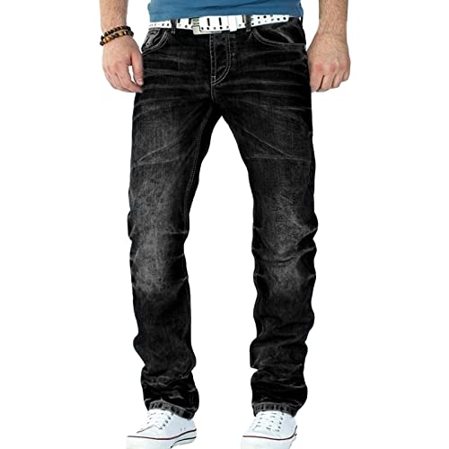 Men's Vintage Washed Straight Leg Jeans Classic Retro Slim Fit Jean Trousers Distressed Moto Biker Denim Pants