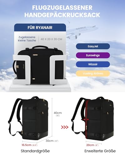 Image of LOVEVOOK Hand Luggage Backpack, Travel Backpack for Women, Expandable Design, Backpack Hand Luggage Airplane, Travel Backpack as Cabin Bag for Travel and Business, Black + Grey + Maroon, 40x20x25cm
