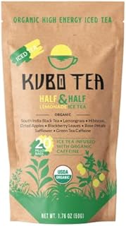 Kubo Tea, Organic High Energy Ice Tea, High Caffeine Blend, 20 Servings (155mg Caffeine each), Pillow Tea Bags, Kraft Packaging, Healthy Coffee Substitute (Half & Half Lemonade)