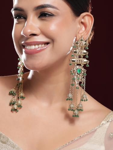 Image of Rubans Long Jhumka Earrings with Ear Chain Pearl Beaded Traditional Wedding Jewellery Gift for Women & Girls