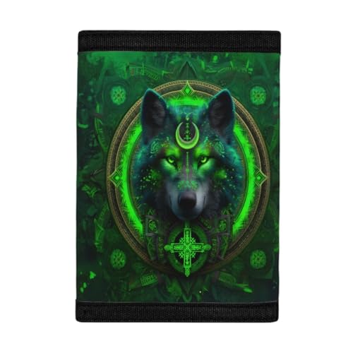 Kids Stylish Prints Trifold Wallet Teens Boys Girls Coin Case Lightweight Card Holder Moneybag Organizer,Viking Wolf Green