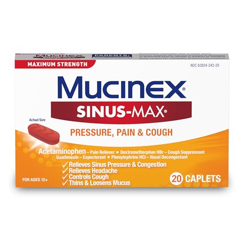 Mucinex Maximum Strength Sinus-Max Pressure and Pain Caplets, 20 Count Relieves Sinus Pressure & Congestion, Headache & Fever, and Thins & Loosens Mucus (Pack of 3)